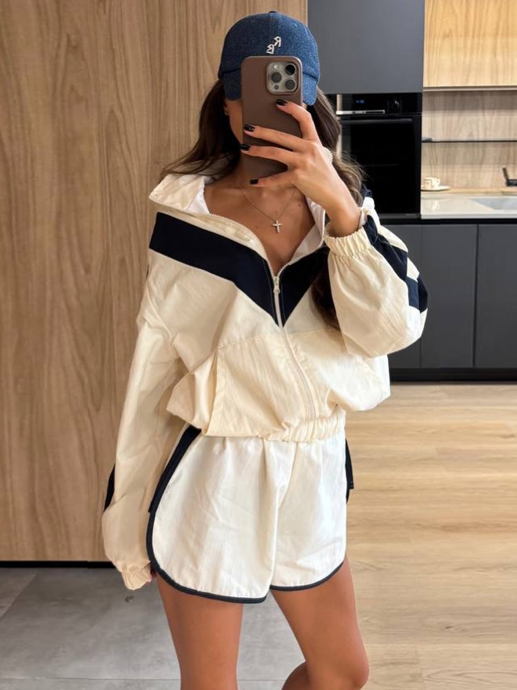 Sewing Jackets - Kontrastowy dwuczęściowy zestaw damski: luźna kurtka